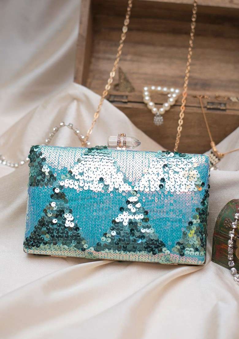 Blue Satin Blue Embroidered Embellished Box Clutch - Indya