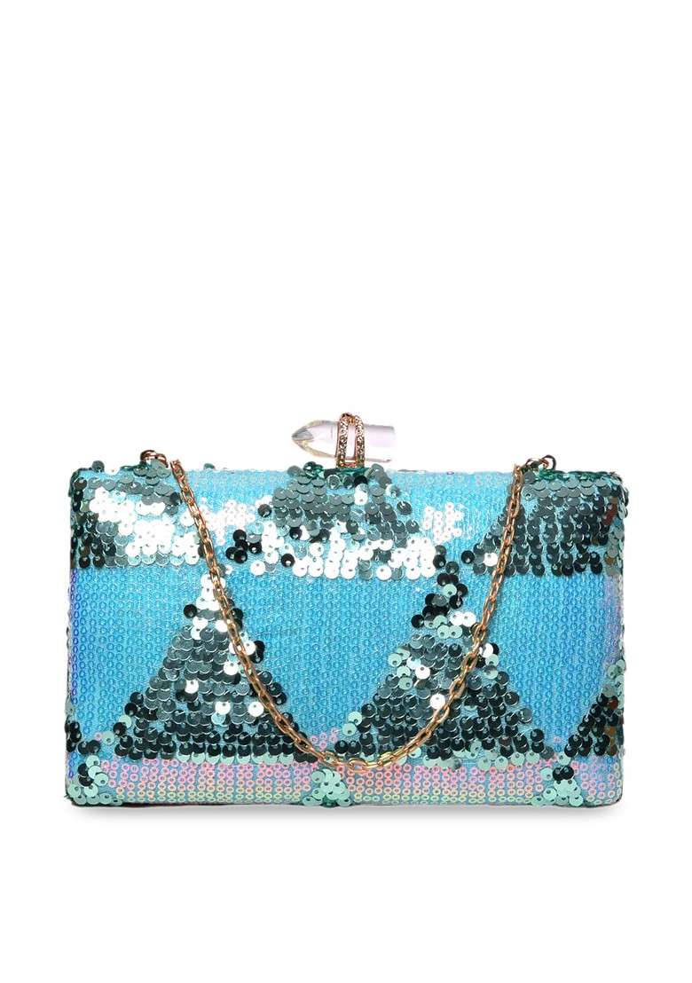 Blue Satin Blue Embroidered Embellished Box Clutch - Indya