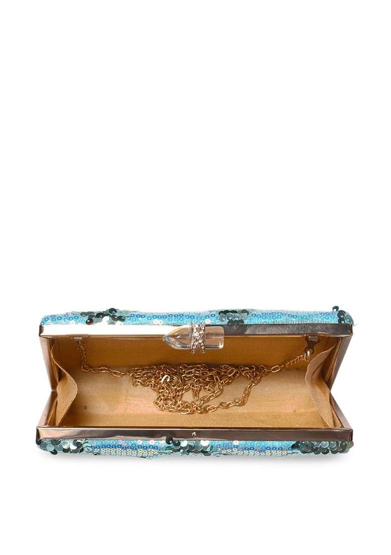 Blue Satin Blue Embroidered Embellished Box Clutch - Indya