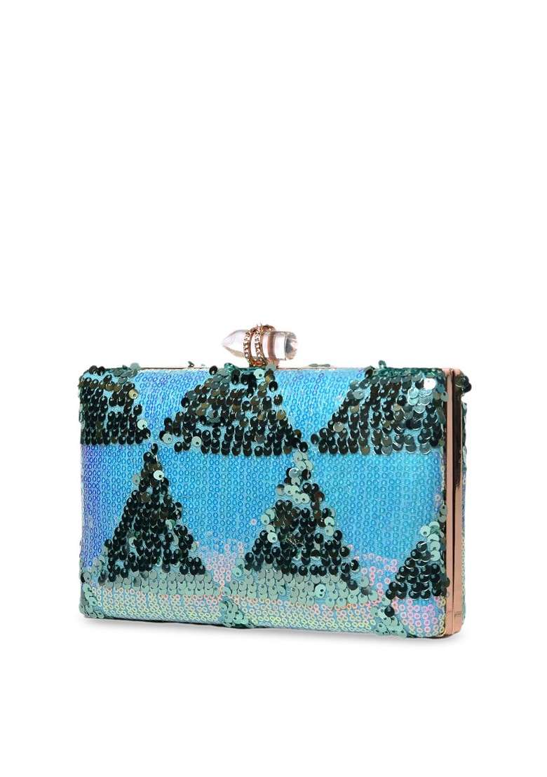 Blue Satin Blue Embroidered Embellished Box Clutch - Indya
