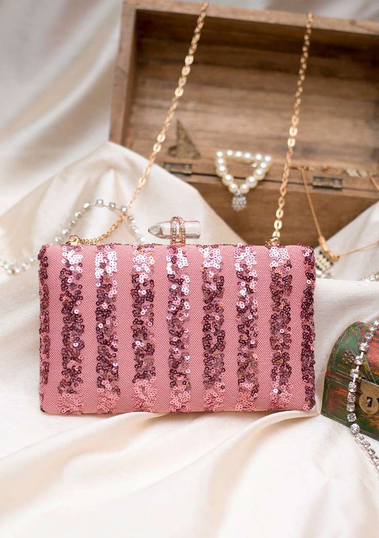 Pink Satin Pink Embellished Box Clutch - Indya