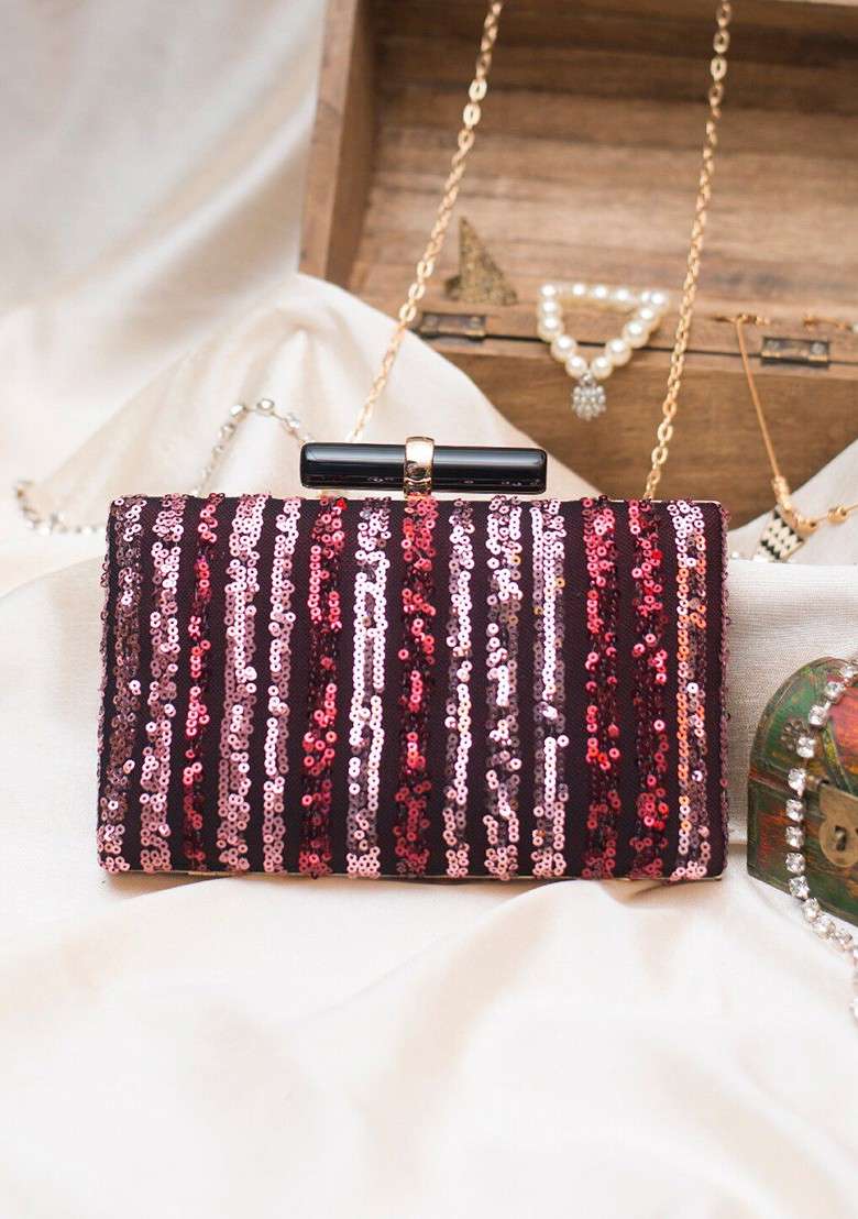 Maroon Satin Maroon And Purple Embroidered Embellished Box Clutch - Indya