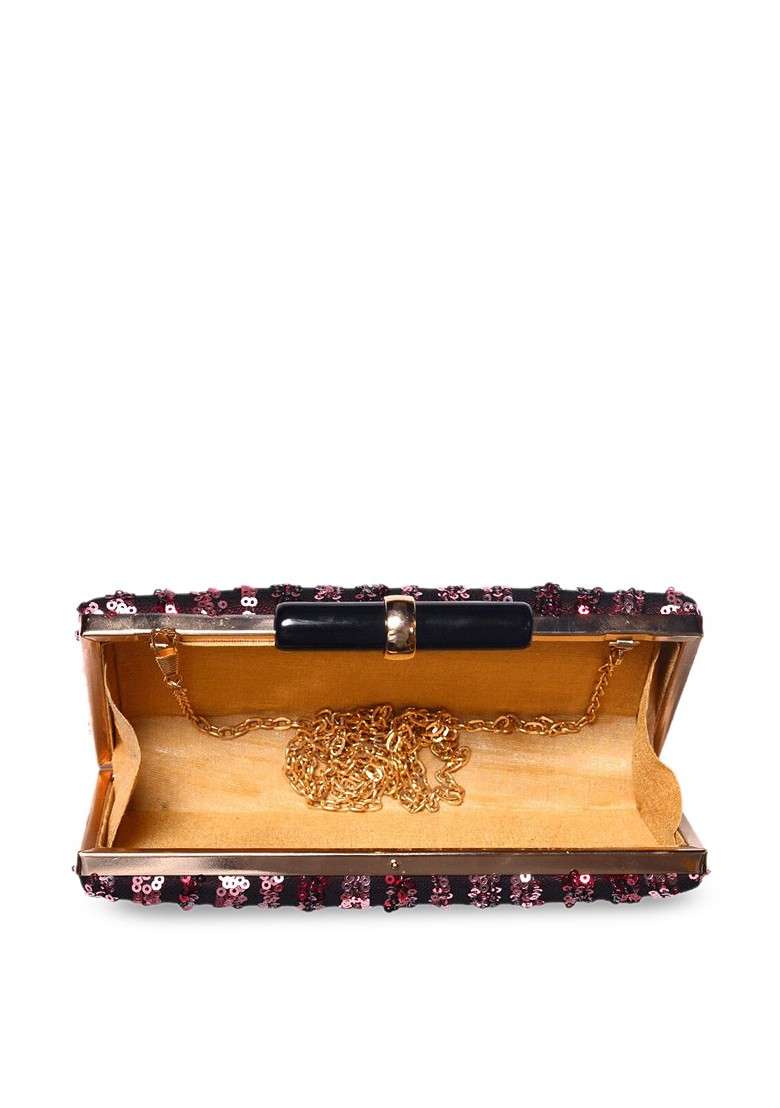 Maroon Satin Maroon And Purple Embroidered Embellished Box Clutch - Indya
