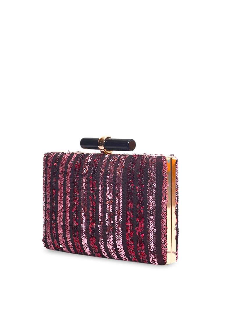 Maroon Satin Maroon And Purple Embroidered Embellished Box Clutch - Indya