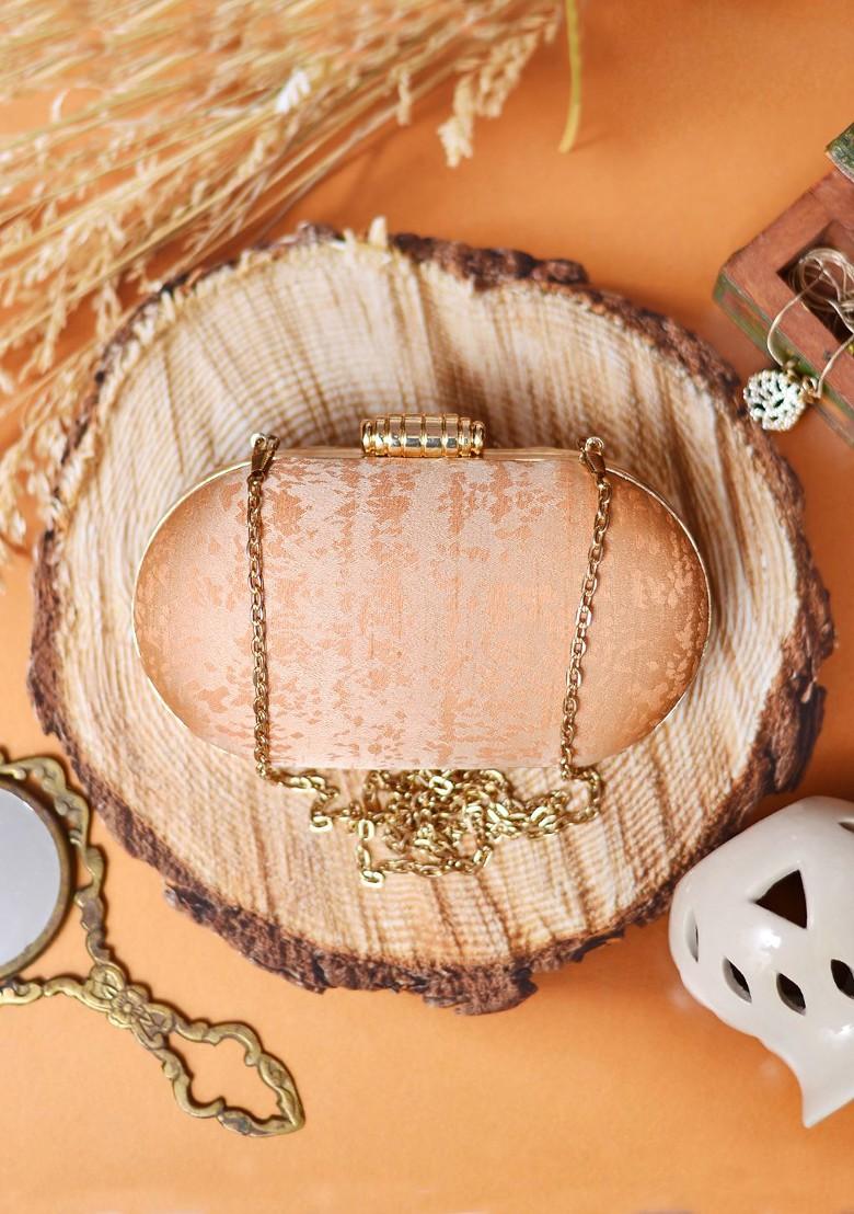Peach Fabric Peach Coloured And Gold Toned Printed Box Clutch - Indya