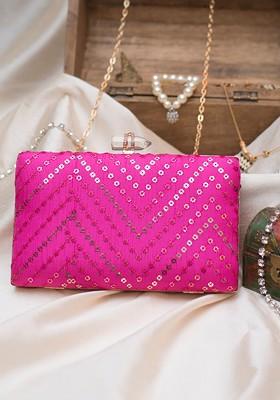 Pink Satin Pink Embroidered Embellished Box Clutch