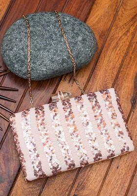 Peach Satin Peach Coloured And Rose Gold Embroidered Box Clutch