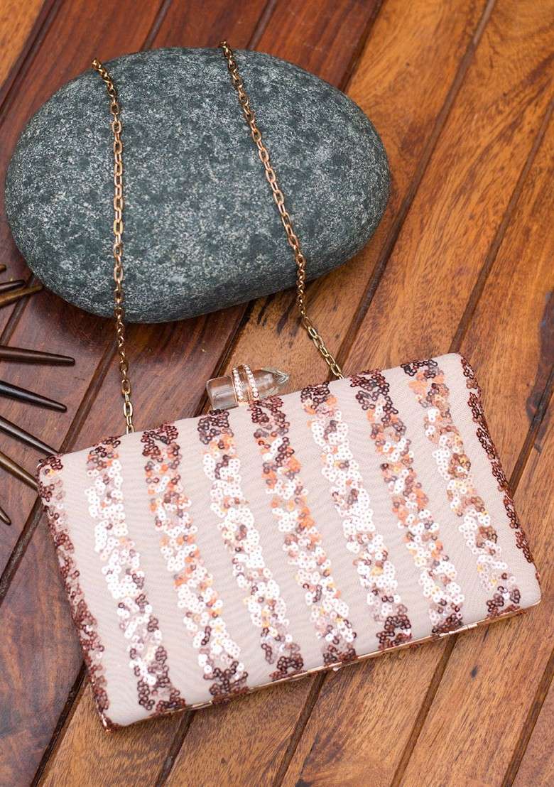 Peach Satin Peach Coloured And Rose Gold Embroidered Box Clutch - Indya