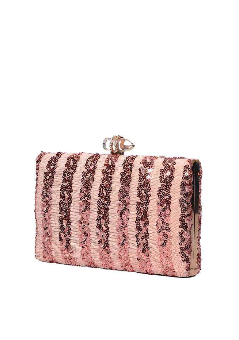 Peach Satin Peach Coloured And Rose Gold Embroidered Box Clutch - Indya