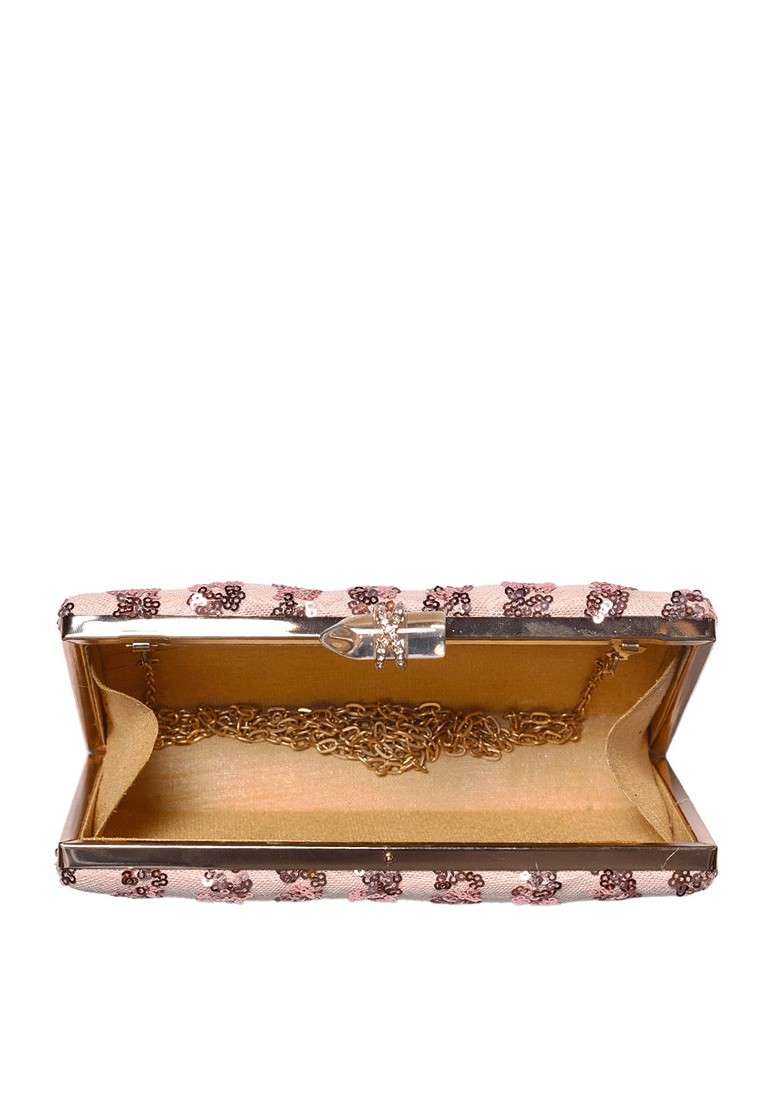 Peach Satin Peach Coloured And Rose Gold Embroidered Box Clutch - Indya