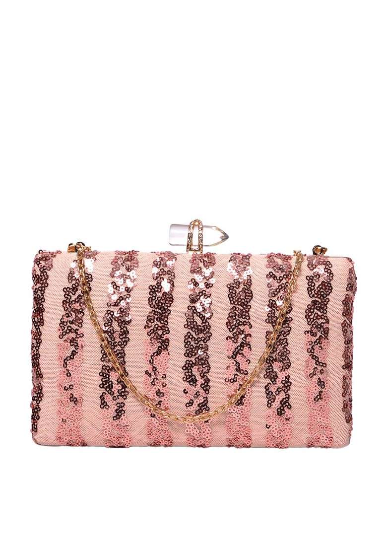 Peach Satin Peach Coloured And Rose Gold Embroidered Box Clutch - Indya