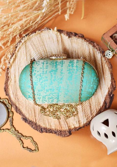 Green Satin Green Embroidered Fringed Box Clutch