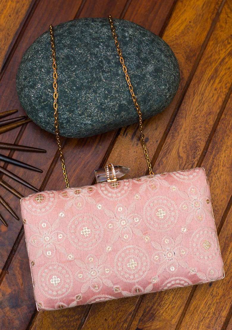 Pink Satin Pink Embroidered Fringed Box Clutch - Indya