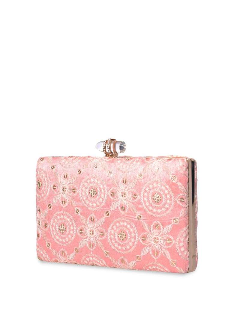 Pink Satin Pink Embroidered Fringed Box Clutch - Indya