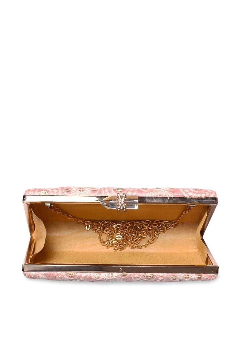 Pink Satin Pink Embroidered Fringed Box Clutch - Indya