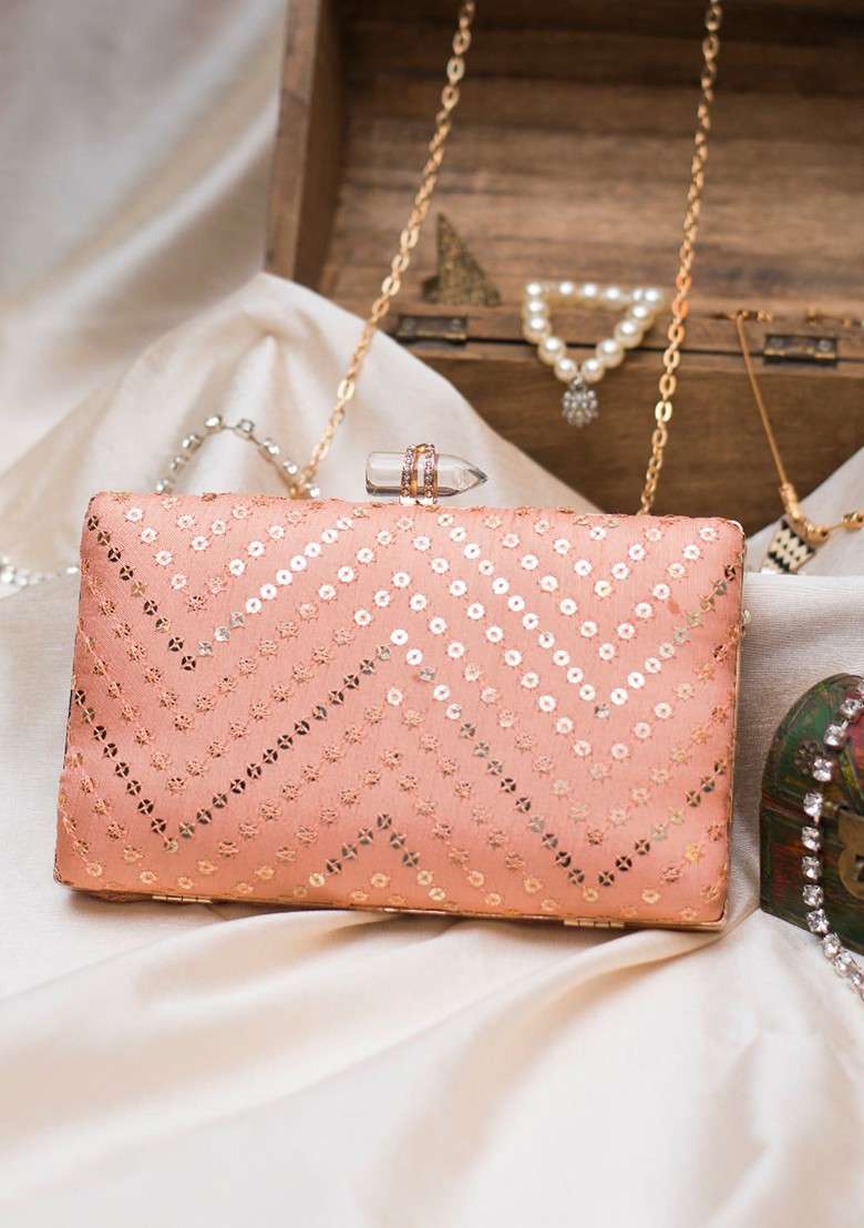 Peach Satin Peach Coloured And Silver Toned Embroidered Embellished Box Clutch - Indya