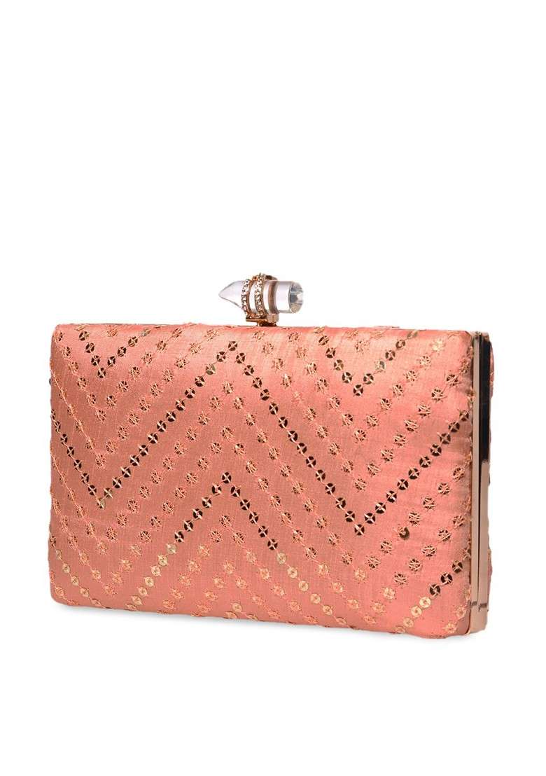Peach Satin Peach Coloured And Silver Toned Embroidered Embellished Box Clutch - Indya