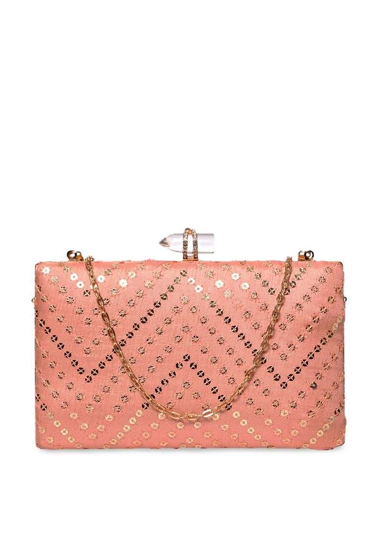 Peach Satin Peach Coloured And Silver Toned Embroidered Embellished Box Clutch - Indya