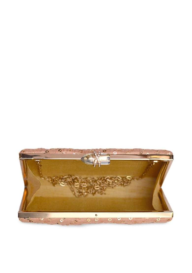 Peach Satin Peach Coloured And Silver Toned Embroidered Embellished Box Clutch - Indya