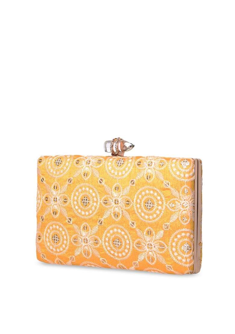 Yellow Satin Yellow And White Embroidered Box Clutch - Indya