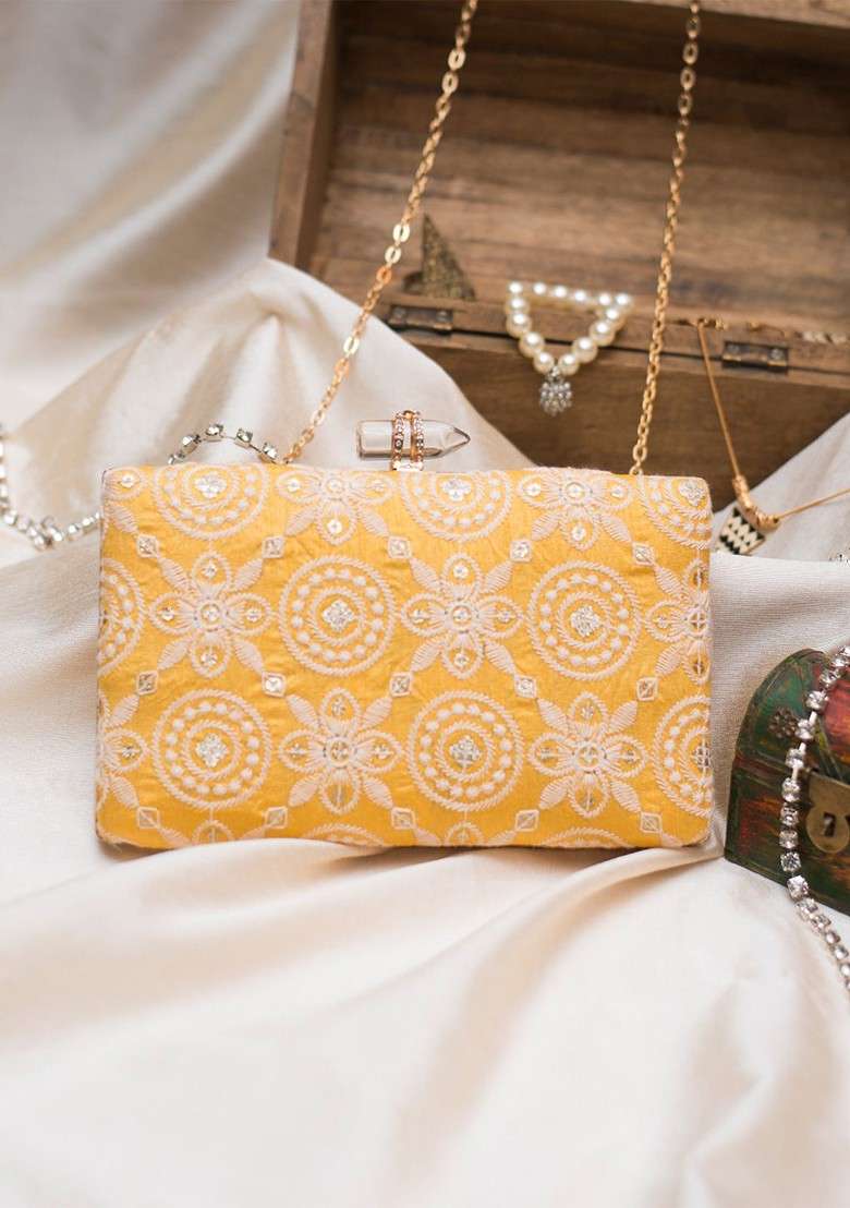 Yellow Satin Yellow And White Embroidered Box Clutch - Indya