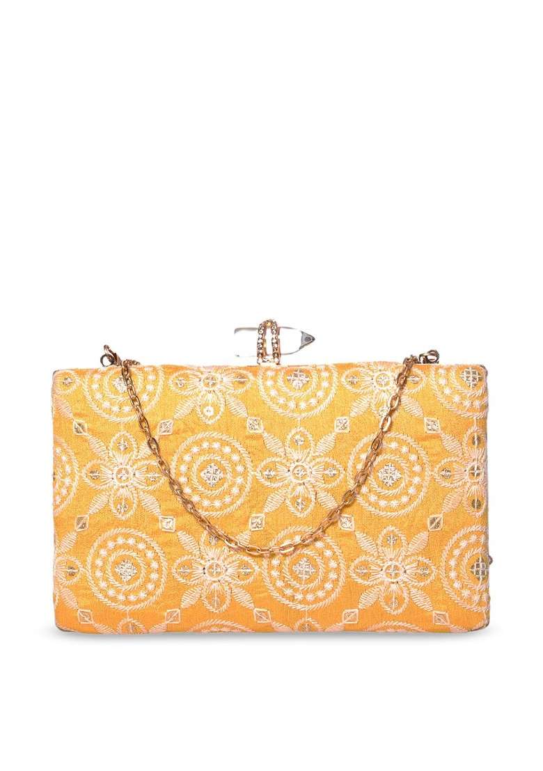 Yellow Satin Yellow And White Embroidered Box Clutch - Indya