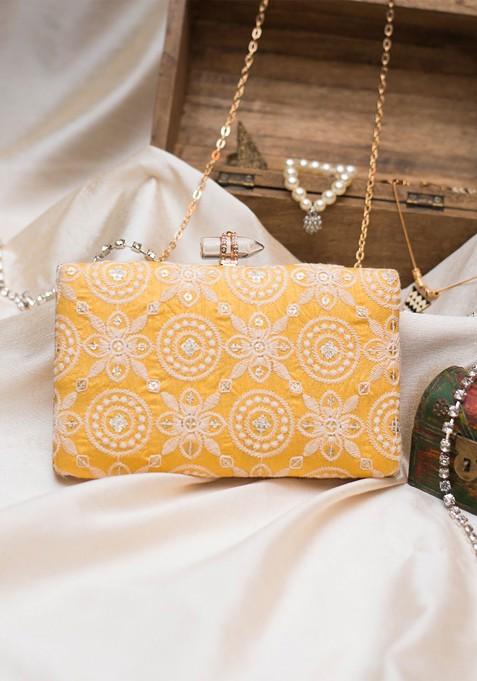 Yellow Satin Yellow And White Embroidered Box Clutch