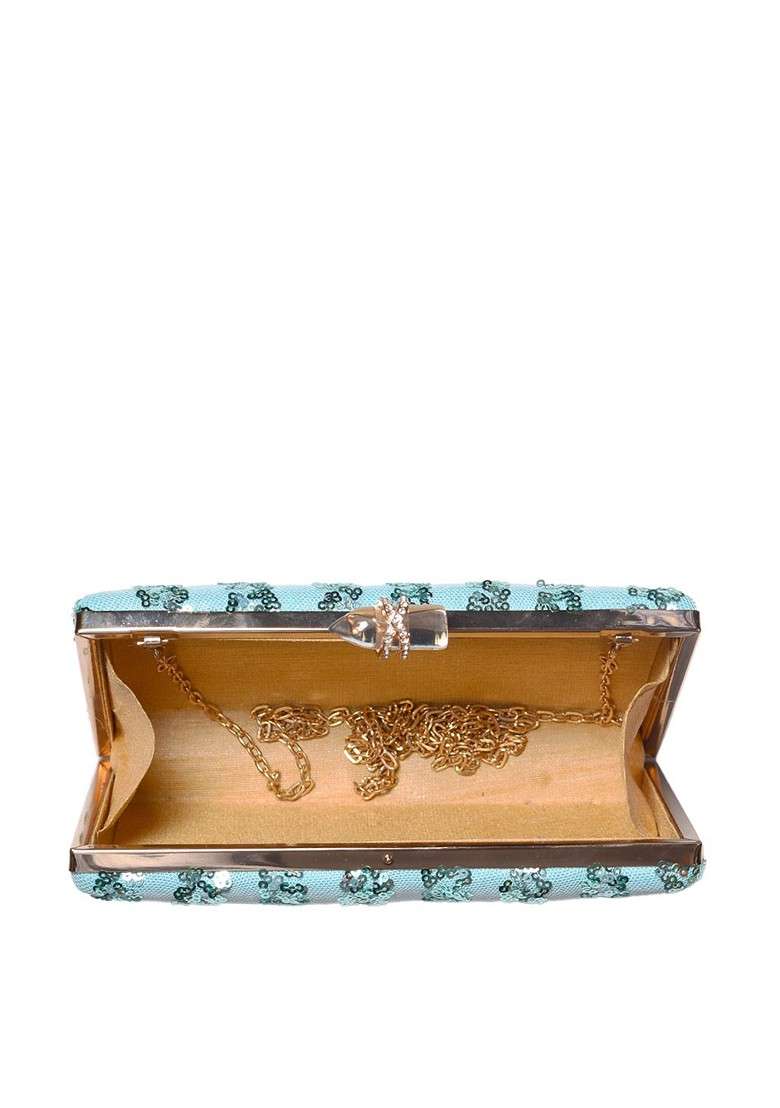 Blue Satin Blue And Silver Toned Embroidered Embellished Box Clutch - Indya