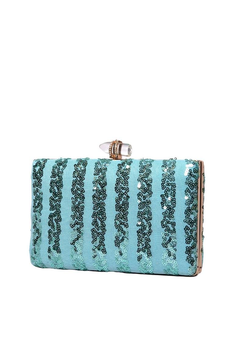 Blue Satin Blue And Silver Toned Embroidered Embellished Box Clutch - Indya