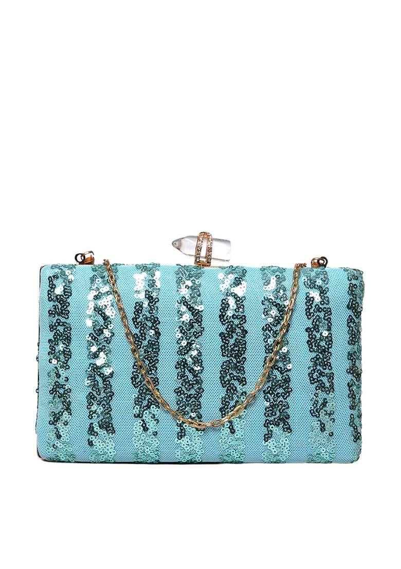 Blue Satin Blue And Silver Toned Embroidered Embellished Box Clutch - Indya