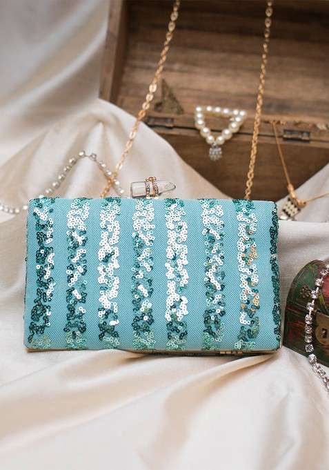 Blue Satin Blue And Silver Toned Embroidered Embellished Box Clutch