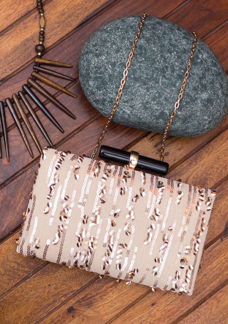 Beige Satin Beige Embroidered Fringed Box Clutch - Indya