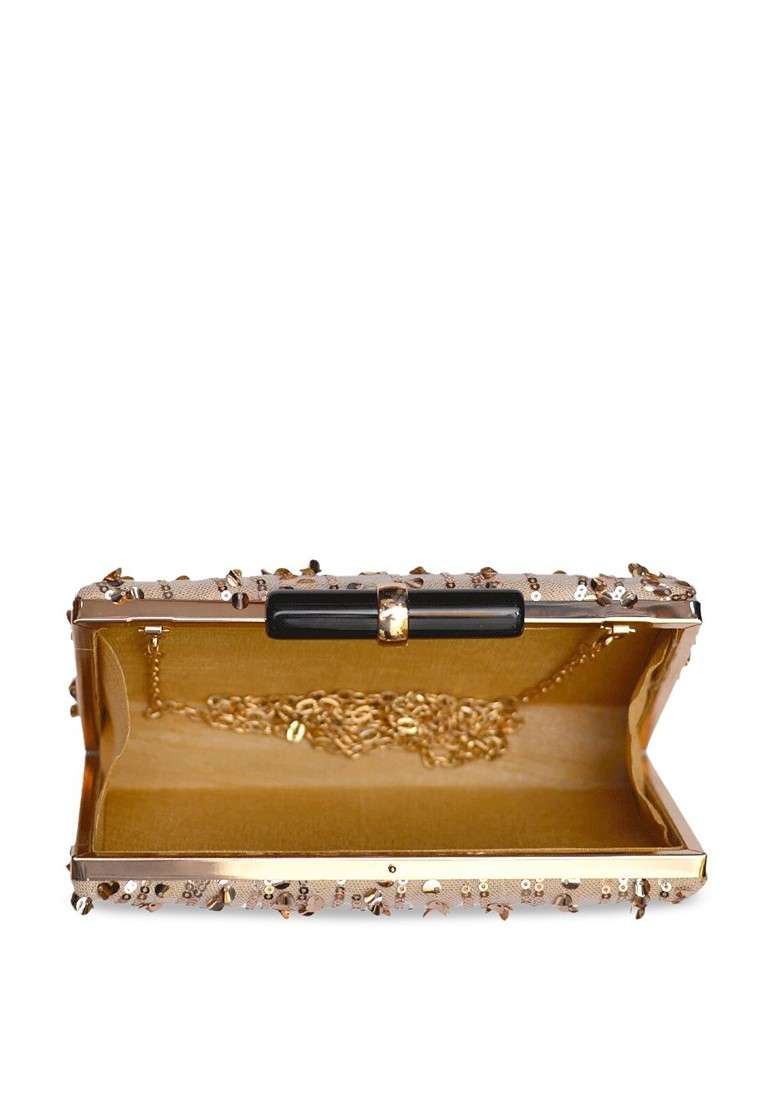 Beige Satin Beige Embroidered Fringed Box Clutch - Indya
