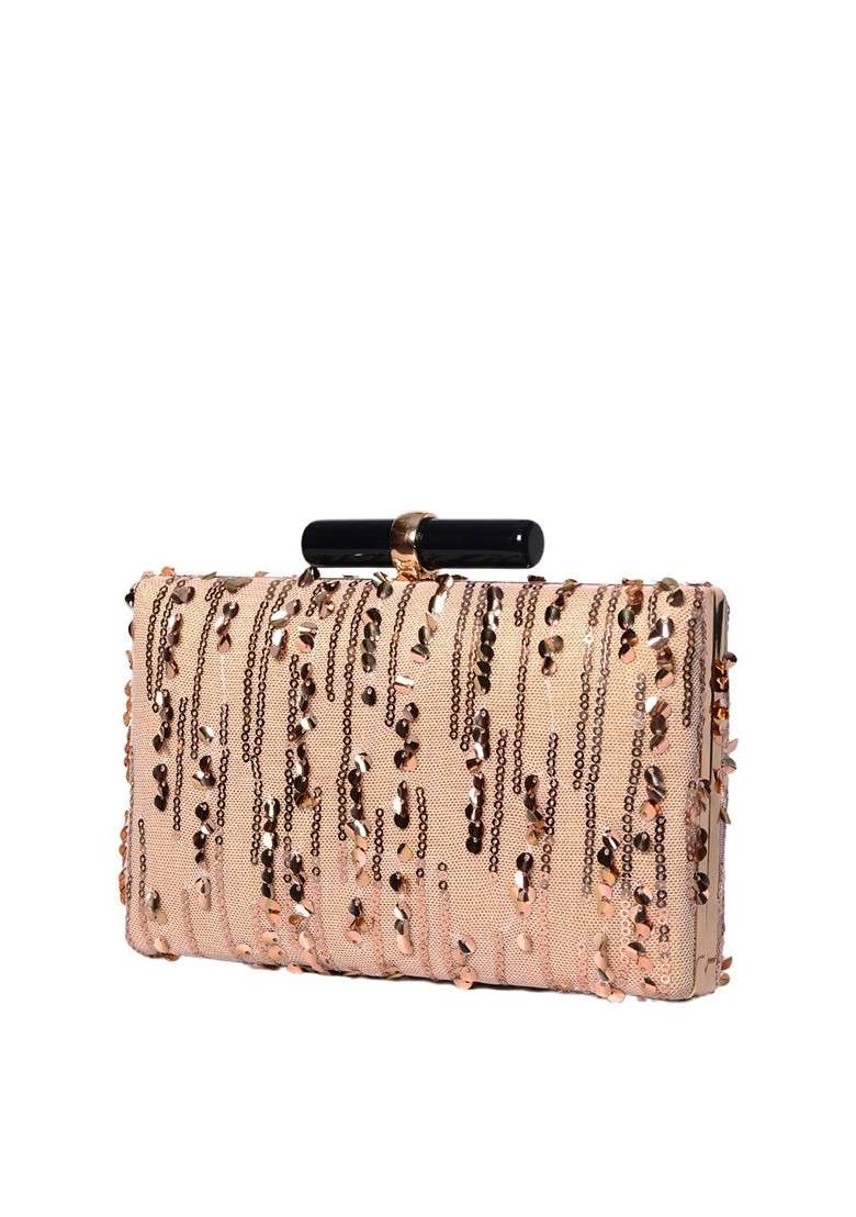 Beige Satin Beige Embroidered Fringed Box Clutch - Indya