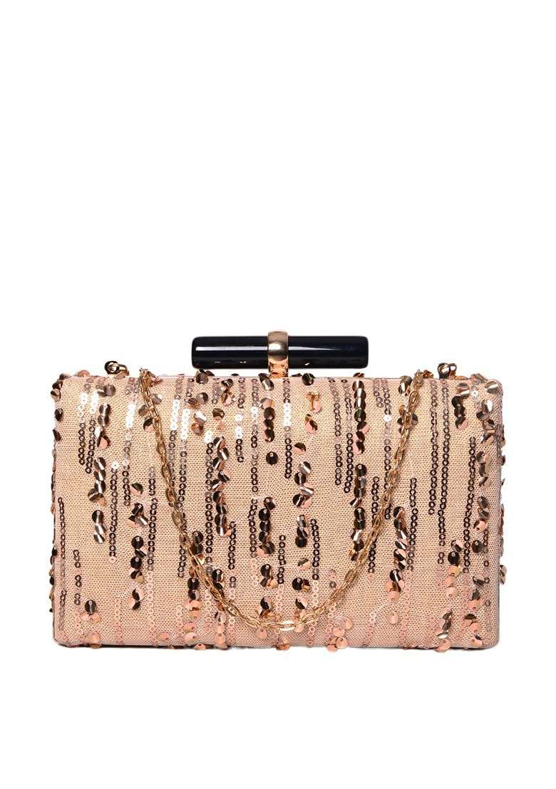 Beige Satin Beige Embroidered Fringed Box Clutch - Indya