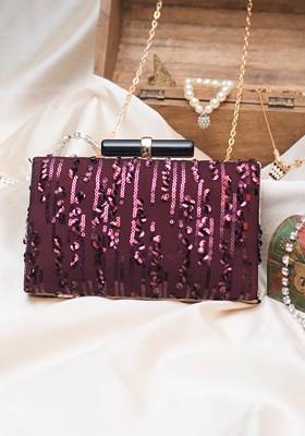 Maroon Satin Maroon Embroidered Embellished Box Clutch