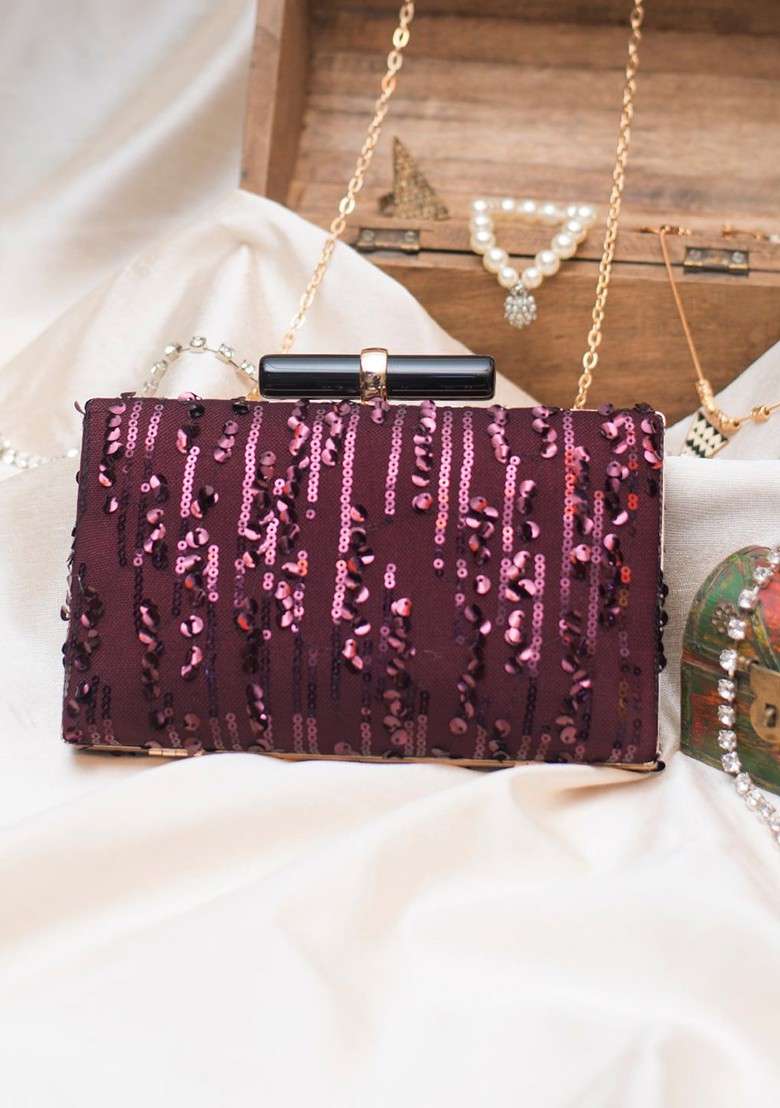 Maroon Satin Maroon Embroidered Embellished Box Clutch - Indya