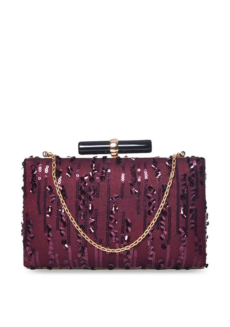 Maroon Satin Maroon Embroidered Embellished Box Clutch - Indya