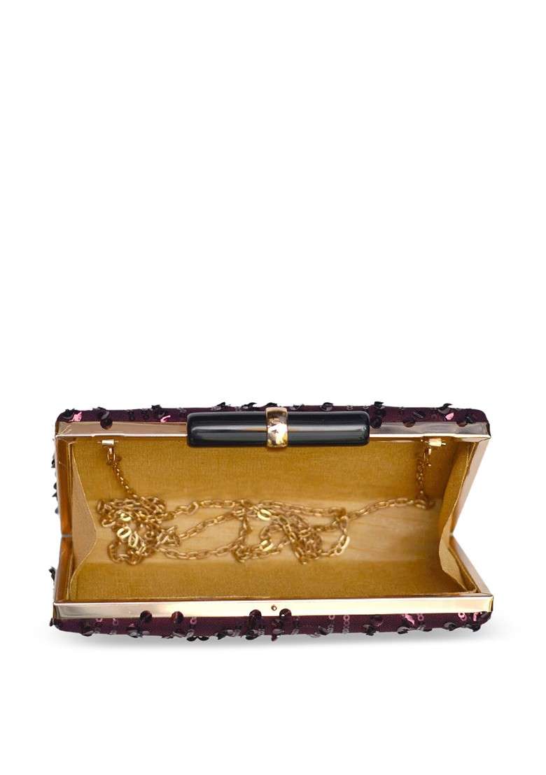 Maroon Satin Maroon Embroidered Embellished Box Clutch - Indya
