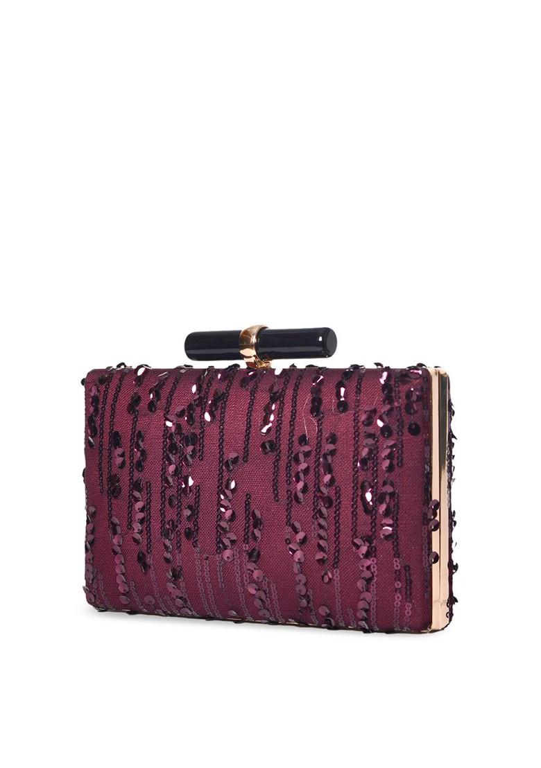 Maroon Satin Maroon Embroidered Embellished Box Clutch - Indya
