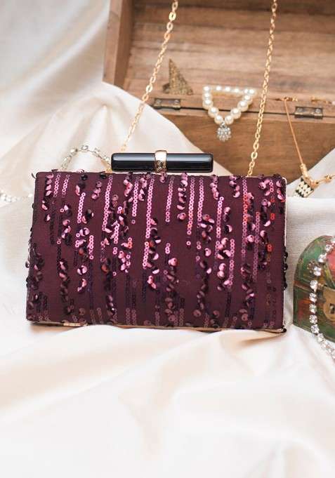 Maroon Satin Maroon Embroidered Embellished Box Clutch