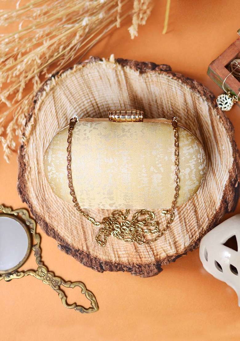 Beige Satin Beige And Gold Toned Embroidered Box Clutch - Indya
