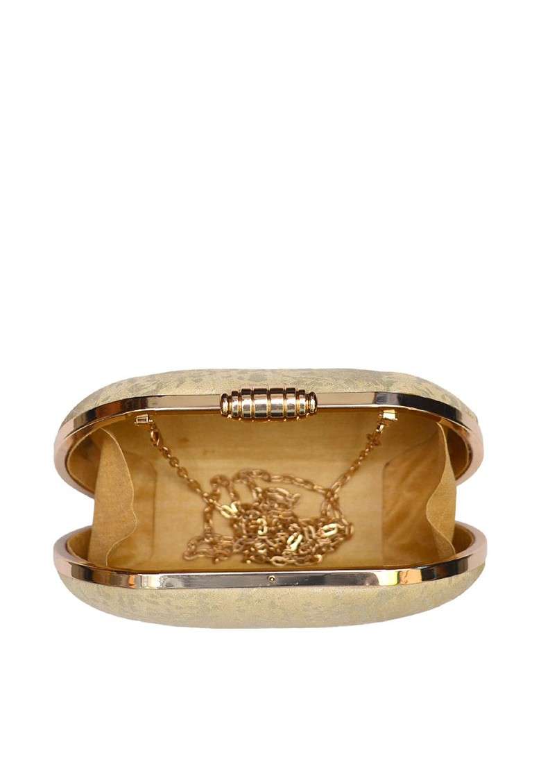 Beige Satin Beige And Gold Toned Embroidered Box Clutch - Indya
