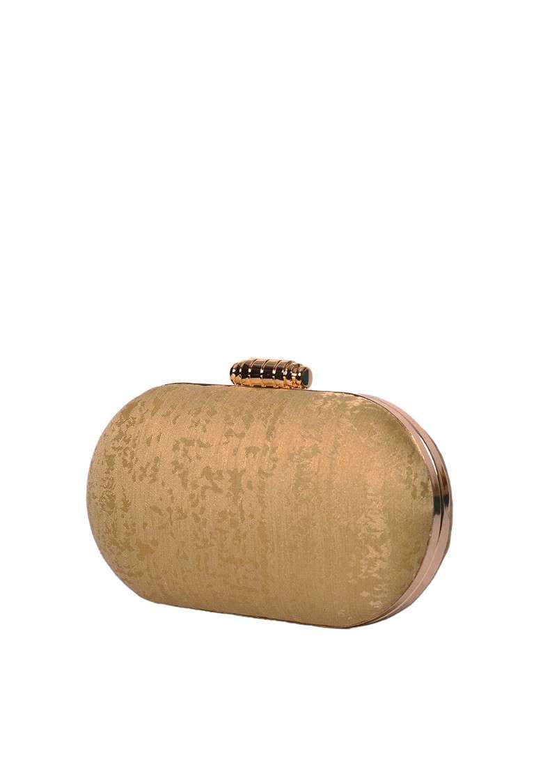 Beige Satin Beige And Gold Toned Embroidered Box Clutch - Indya