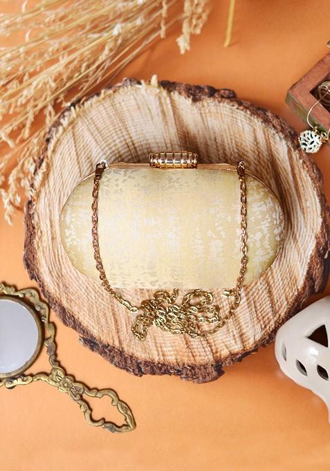 Beige Satin Beige And Gold Toned Embroidered Box Clutch