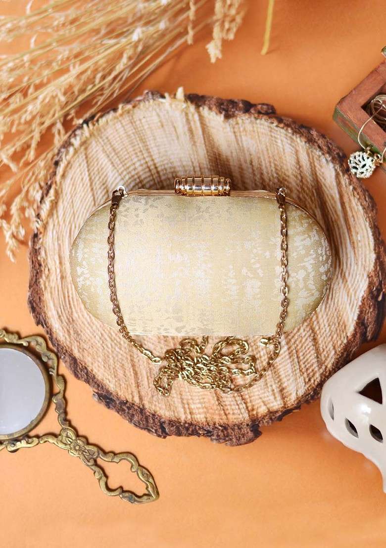 Beige Satin Beige Textured Box Clutch - Indya