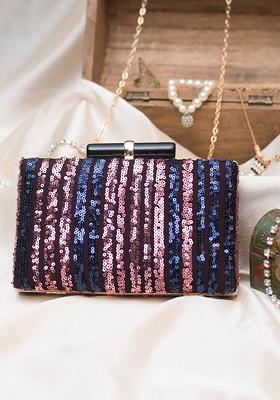 Pink Satin Pink And Blue Sequins Embellished Box Clutch