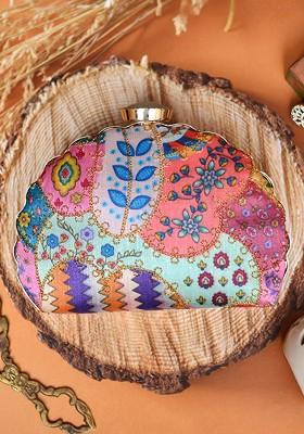 Blue Fabric Blue And Pink Printed Box Clutch