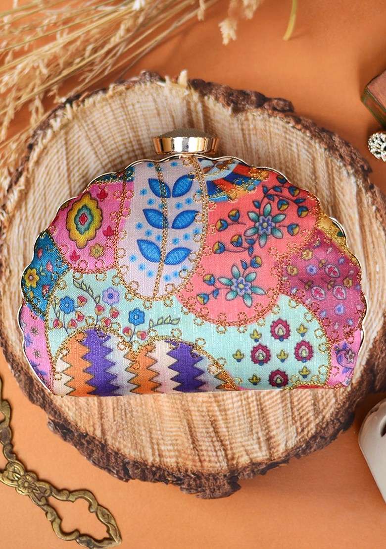 Blue Fabric Blue And Pink Printed Box Clutch - Indya