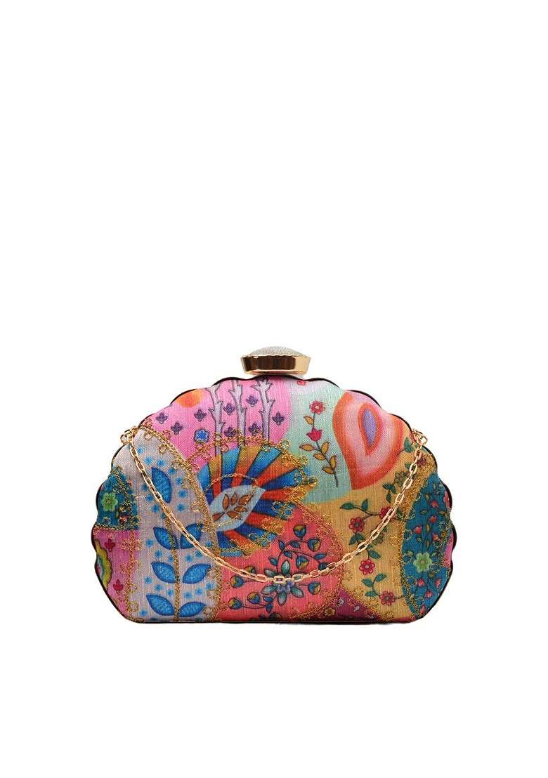 Blue Fabric Blue And Pink Printed Box Clutch - Indya